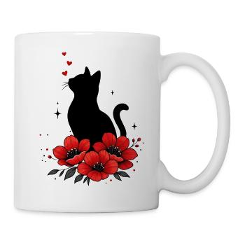 Schwarze Katze & Rote Mohnblume - Tasse - Weiß - Rechts