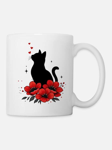Schwarze Katze & Rote Mohnblume - Tasse - Weiß
