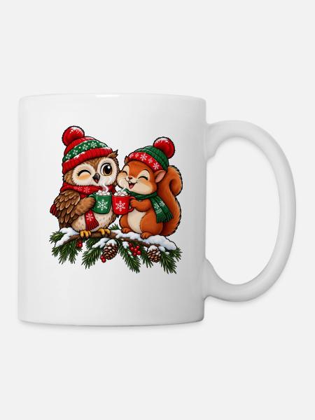 Weihnachten Eule Eichhörnchen Kakao Geschenk - Tasse - Weiß
