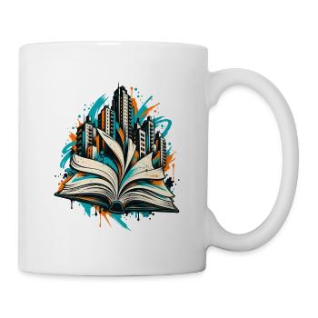 Bücherwelten – Skyline aus offenem Buch - Tasse - Weiß - Rechts