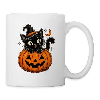 Halloween Katze mit Hexenhut im Kürbis - Tasse - Weiß - Rechts