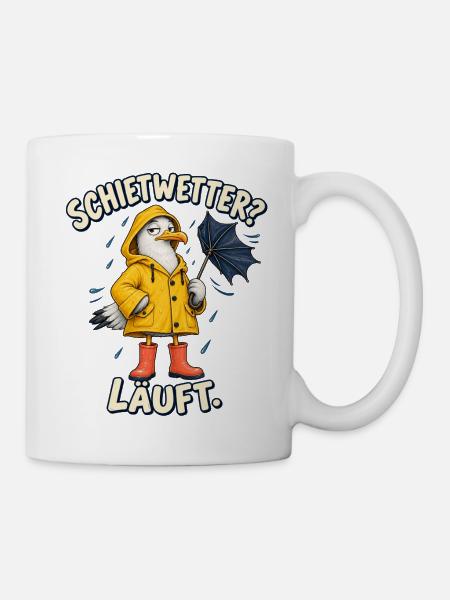 Schietwetter läuft Möwe im Regenmantel - Tasse - Weiß