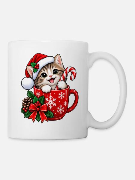 Kätzchen in Weihnachtstasse & Zuckerstange - Tasse - Weiß