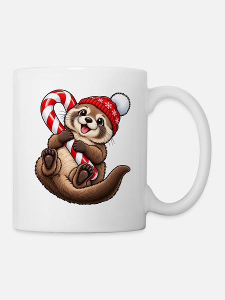 Süßer Otter mit Wintermütze & Zuckerstange - Tasse - Weiß