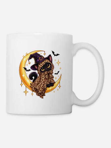 Hexenkatze auf Mondleopardenumhang - Tasse - Weiß