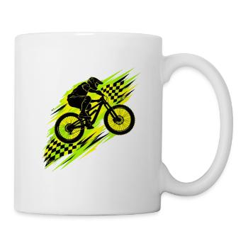 Mountainbike Downhill in Neongrün mit Rennflaggen - Tasse - Weiß - Rechts