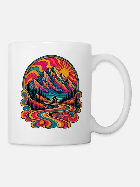 Psychedelische Berglandschaft Radfahrt 70er retro - Tasse - Weiß