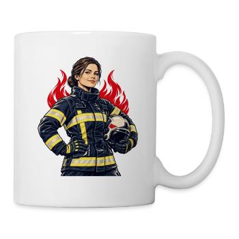 Feuerwehrfrau mit Helm und Flammen - Tasse - Weiß - Rechts