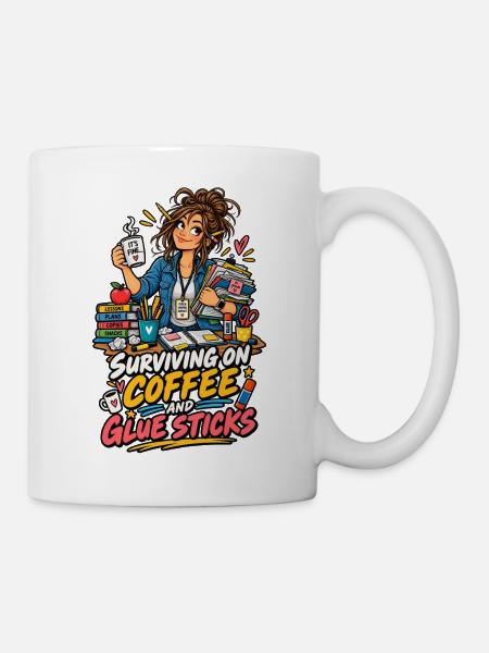 Kaffee und Klebstifte Überleben - Tasse - Weiß