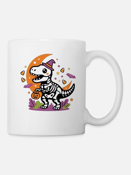 Skelett-Dinosaurier hält Kürbiskorb Halloween - Tasse - Weiß