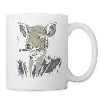 Elegantes Schwein im Anzug raucht Zigarre - Tasse - Weiß - Rechts