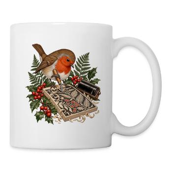 Rotkehlchen beim botanischen Linolschnitt - Tasse - Weiß - Rechts