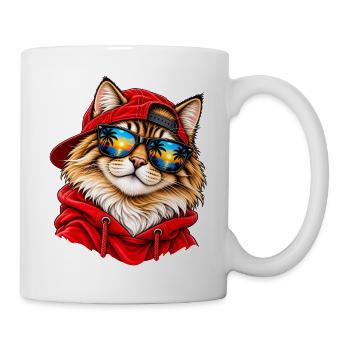 Coole Katze im roten Hoodie – Sunset Beach Vibes - Tasse - Weiß - Rechts