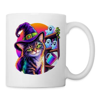 Halloween Katze mit Hexenhut und kippendem Objekt - Tasse - Weiß - Rechts