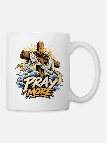 Pray More Kreuz Motiv - Tasse - Weiß