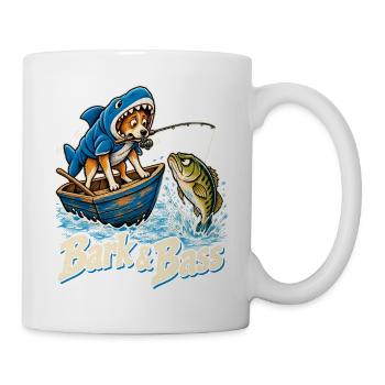 Bark & Bass Hund im Hai-Kostüm beim Angeln - Tasse - Weiß - Rechts