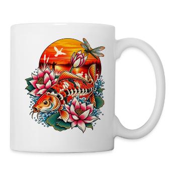 Carpe_ko_et_lotus_au_coucher_du_soleil - Tasse - Weiß - Rechts