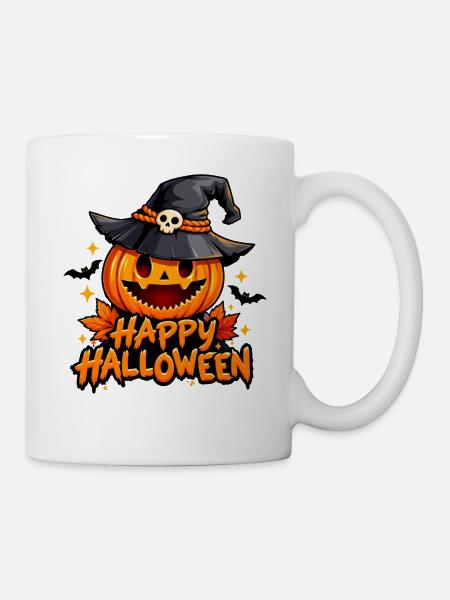 Freundlicher Kürbis mit Hut, frohes Halloween - Tasse - Weiß