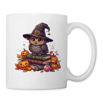 Cottagecore-Eulen-Hexenhut auf Buch-Kürbis-Hallowee - Tasse - Weiß - Rechts