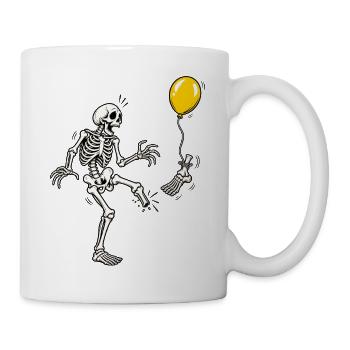 Tja, Scheiße, Skelett, fliegender Fuß, gelber Ballon-Meme - Tasse - Weiß - Rechts