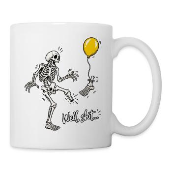 Tja, Scheiße, Skelett, fliegender Fuß, gelber Ballon-Meme - Tasse - Weiß - Rechts