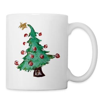 Aquarell-Weihnachtsbaum mit roten Ornamenten - Tasse - Weiß - Rechts