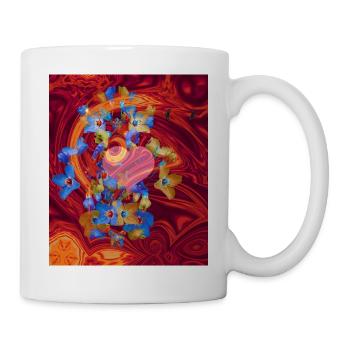 Herz und Blüten mit feurig rotem Hintergrund - Tasse - Weiß - Rechts
