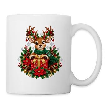 Rentier mit Geschenk im Weihnachtsglanz - Tasse - Weiß - Rechts