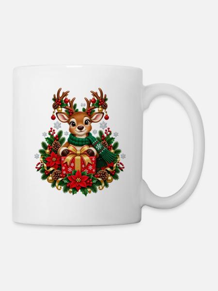Rentier mit Geschenk im Weihnachtsglanz - Tasse - Weiß