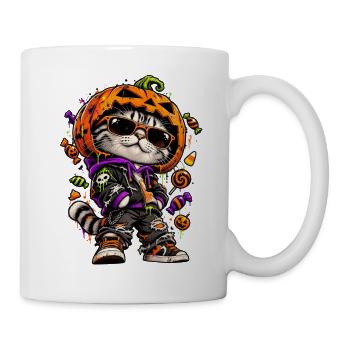 Halloween Katze Mit Kürbismaske - Tasse - Weiß - Rechts