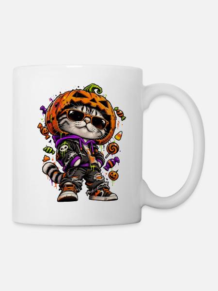 Halloween Katze Mit Kürbismaske - Tasse - Weiß