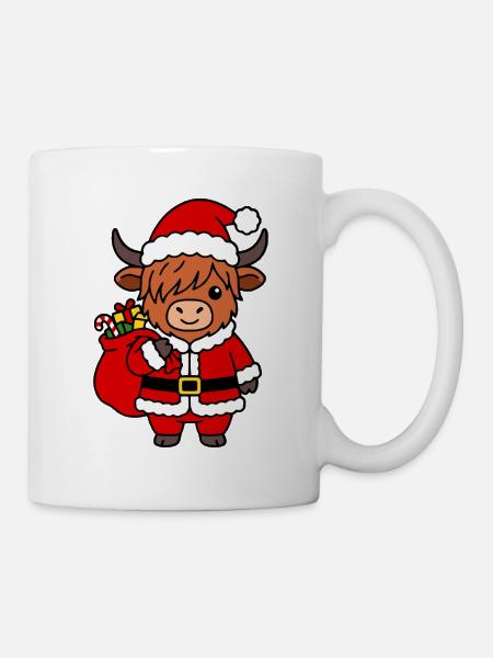 Kawaii Highland Cow Santa Kleidung Weihnachten - Tasse - Weiß