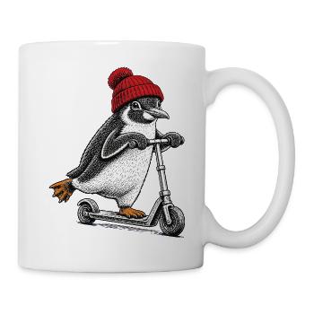 Pinguin auf dem Tretroller – Vintage-Stil - Tasse - Weiß - Rechts