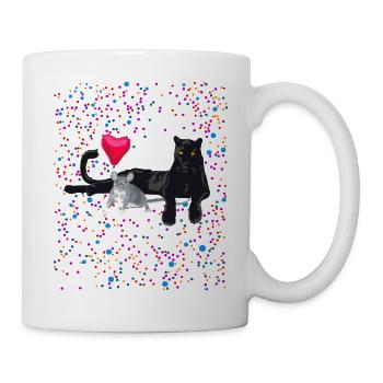 Schwarze Katze mit Maus und Herzballon - Tasse - Weiß - Rechts