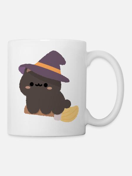 Kawaii-Hexenpudding auf einem Besen - Tasse - Weiß