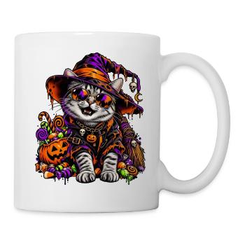 Bunte Halloween Hexenkatze mit Süßem - Tasse - Weiß - Rechts