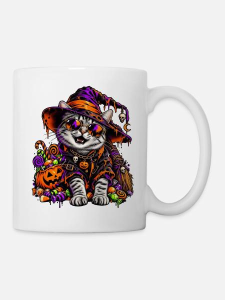 Bunte Halloween Hexenkatze mit Süßem - Tasse - Weiß
