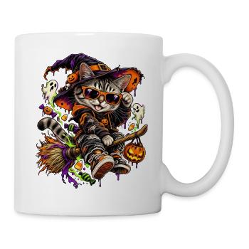 Halloween Hexenkatze auf Besen - Tasse - Weiß - Rechts