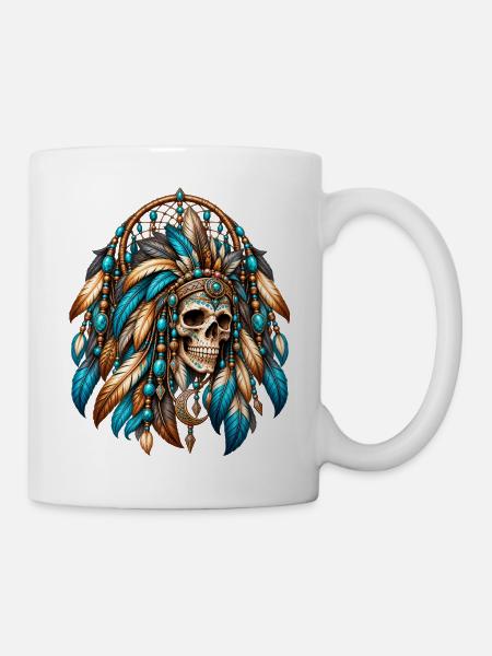 Indian Skull Feathers Türkis Traumfänger - Tasse - Weiß