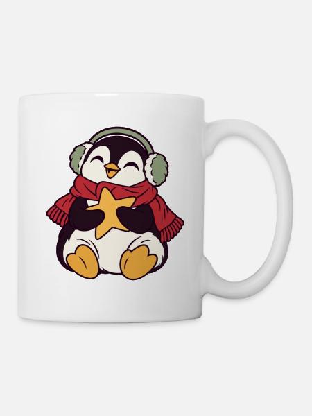 Winterpinguin mit Stern und Kopfhörern - Tasse - Weiß