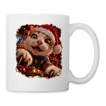 Verrückte Weihnachtskatze – Bescherung mit Krallen - Tasse - Weiß - Rechts