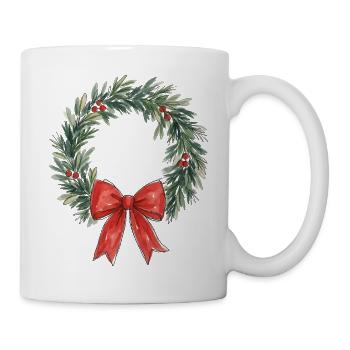 Traditioneller Weihnachtskranz mit roter Schleife - Tasse - Weiß - Rechts