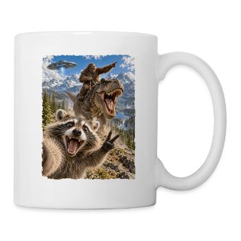 Lustiges Waschbär Selfie mit Bigfoot, T-Rex, UFO - Tasse - Weiß - Rechts