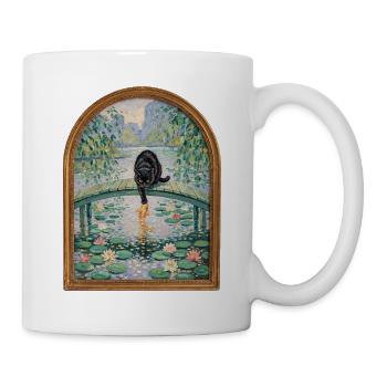 Schwarzer Kater angelt Koi im Seerosenteich - Tasse - Weiß - Rechts