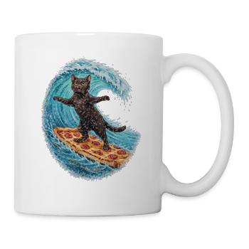 Schwarzer Kater surft auf Pizza Welle - Tasse - Weiß - Rechts