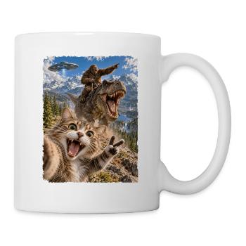 Lustiges Katze Selfie mit Bigfoot, T-Rex, UFO - Tasse - Weiß - Rechts
