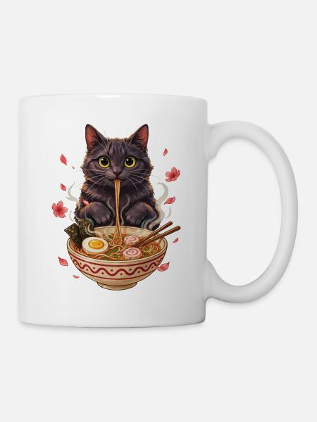 Schwarzer Kater schlürft Ramen Nudeln - Tasse - Weiß