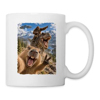 Lustiges Capybara Selfie mit Bigfoot, T-Rex, UFO - Tasse - Weiß - Rechts