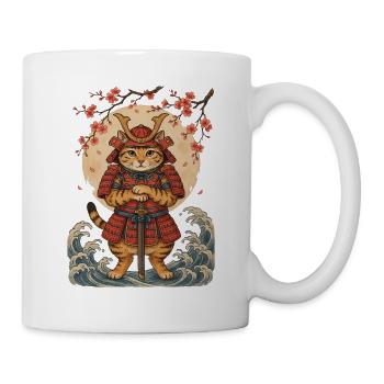 Samurai Katze mit Katana vor roter Sonne - Tasse - Weiß - Rechts