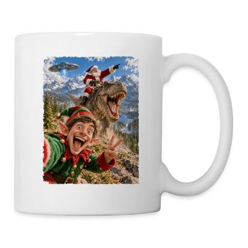 Lustiges Elf Selfie mit Weihnachtsmann, T-Rex, UFO - Tasse - Weiß - Rechts